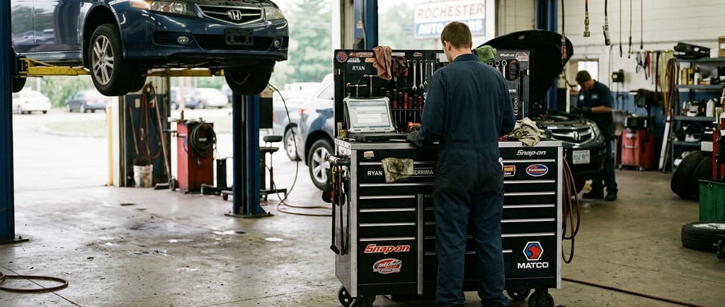 Auto mechanic in blue coveralls using a laptop at a tool chest to get strategic insights on how to .