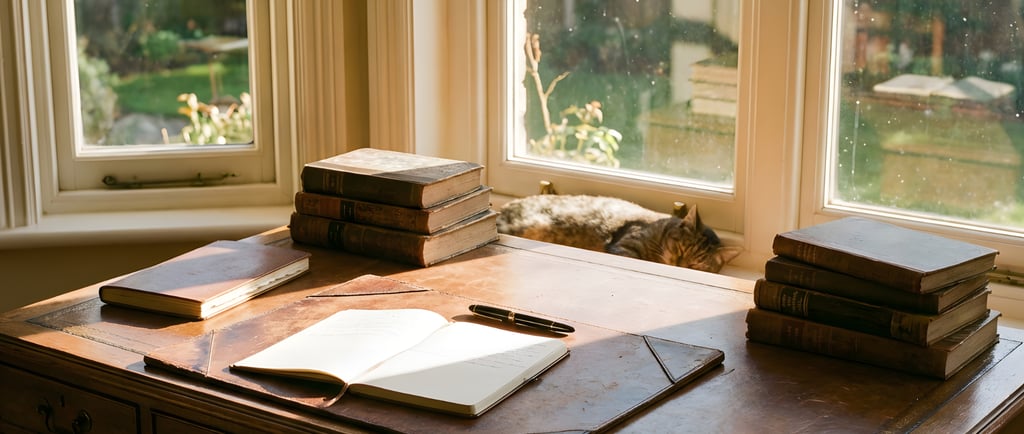 Antique wooden desk with open journal, fountain pen, and stacks of old books by a sunny window.