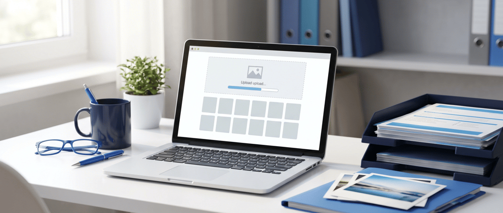 Person resizing images for online forms on a laptop before uploading files