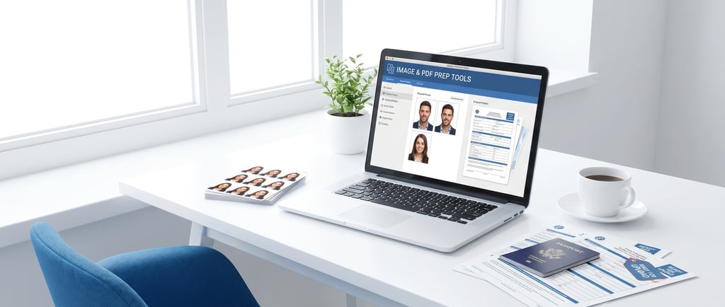 Laptop showing image and PDF preparation tools with ID photos and documents for online uploads