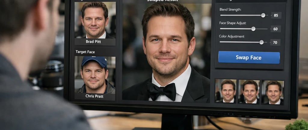 A man is doing a face swap on a computer screen