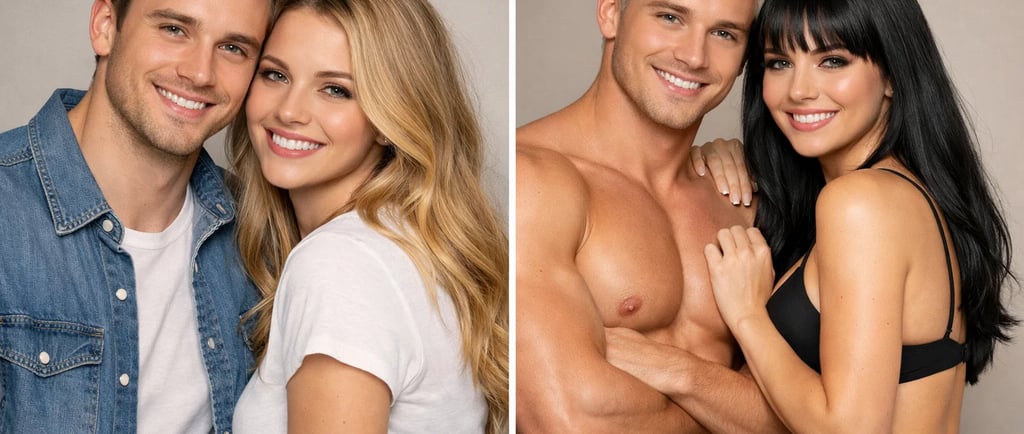 a man and woman posing for a picture in AI Face Swap processp