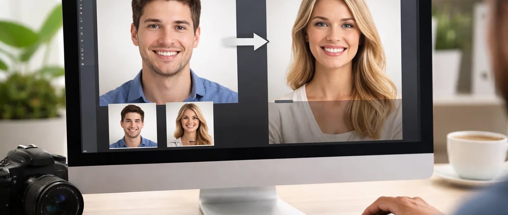 a man and woman are shown on a computer screen after a face swapping