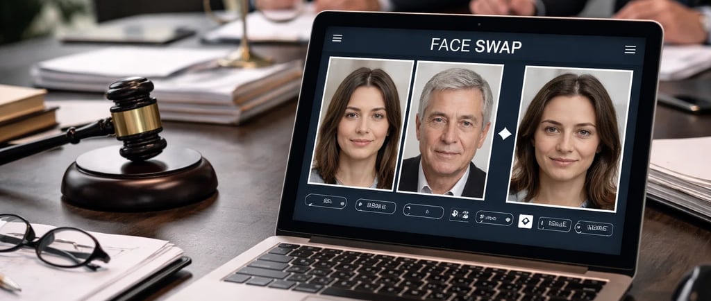 a laptop computer screen showing a video chat between people in a court