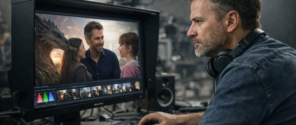 A video editor performs professional color grading on a fantasy film scene featuring a dragon.
