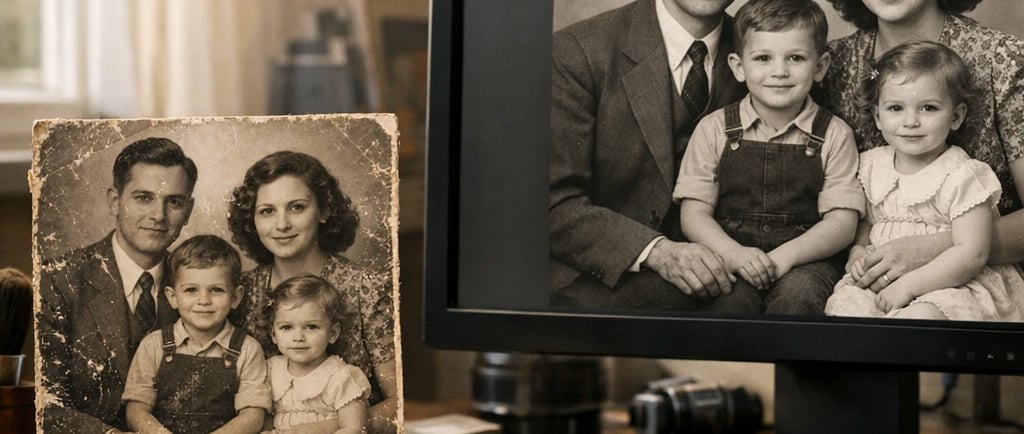 Professional digital restoration of a vintage family portrait displayed on a computer monitor.