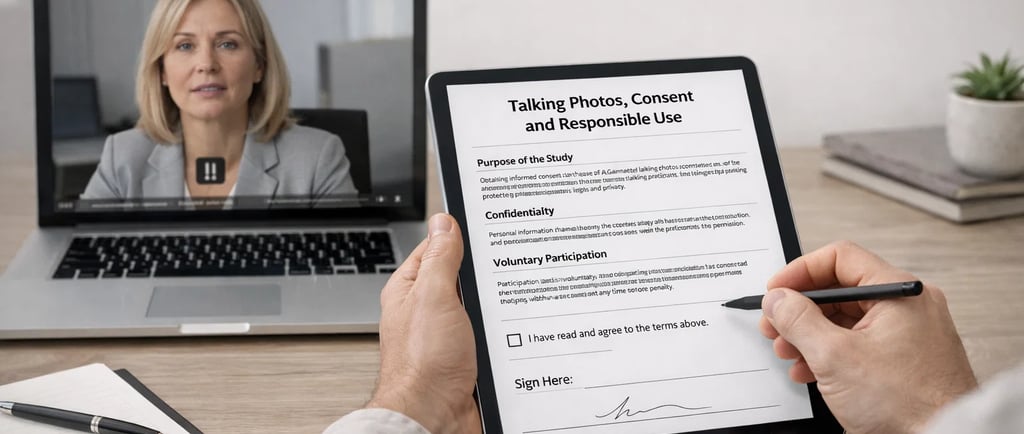 A person signing a digital consent form on a tablet during a remote video call on a laptop.