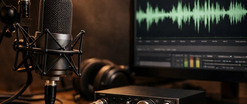 Professional studio microphone and audio interface with sound waves on a computer monitor for podcasting.
