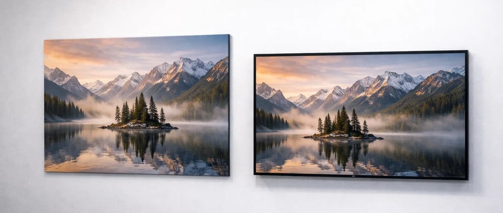 Modern wall art featuring framed landscape photography of misty mountains and a lake reflection.