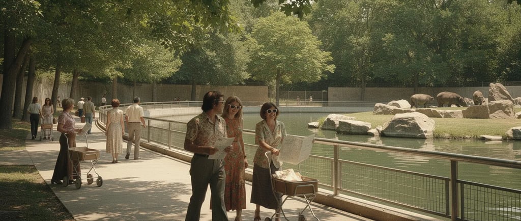 Vintage photo of people in 1970s fashion walking past a zoo hippo enclosure on a sunny day.