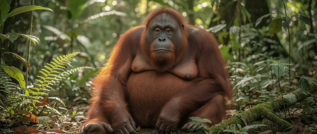 A large Bornean orangutan sitting on the forest floor in a lush tropical jungle environment.
