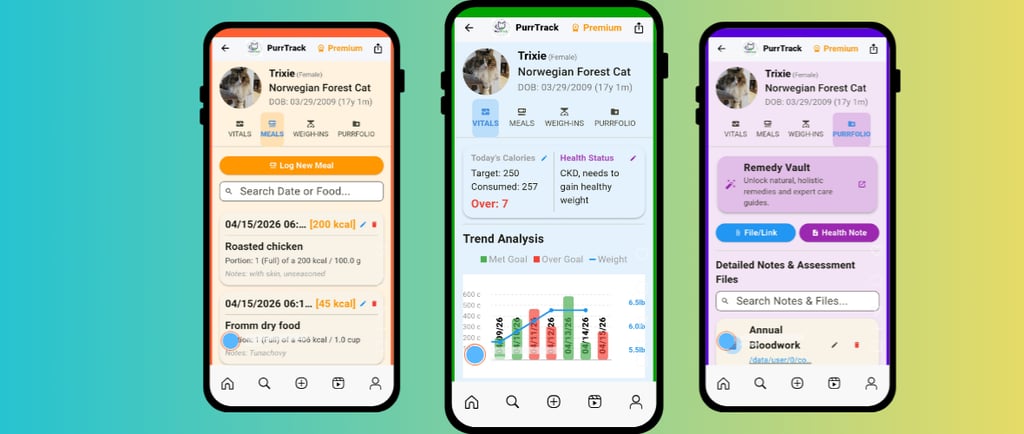 Three mock mobile phones displaying the PurrTrack app interface, specifically highlighting the Vital