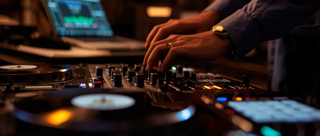 Um DJ tocando um disco em uma cabine de DJ.