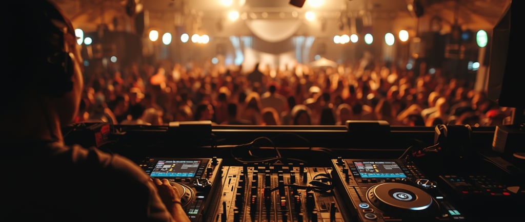 Um DJ mixando música em uma sala grande.