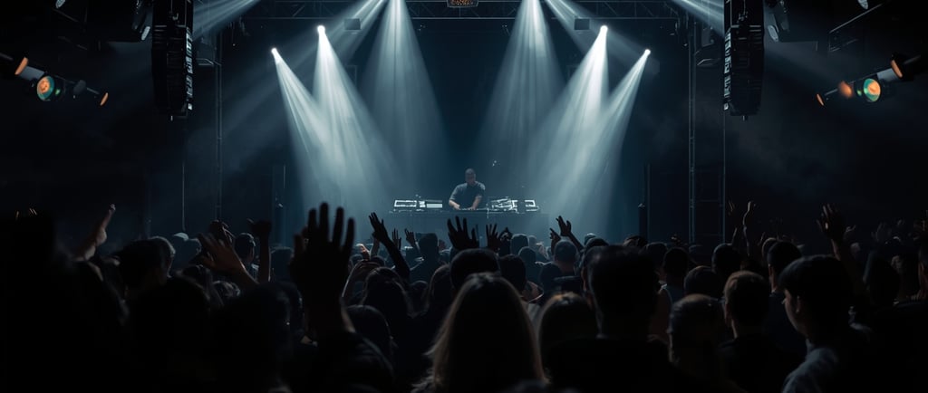 Uma multidão de pessoas em pé em frente a um palco iluminado por holofotes.