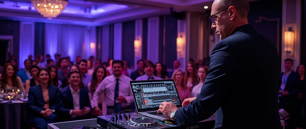 Um homem de terno e gravata está tocando música em uma sala grande.
