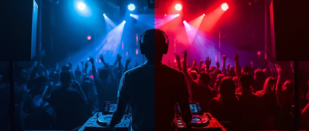 Um DJ tocando em uma boate enquanto as pessoas assistem.