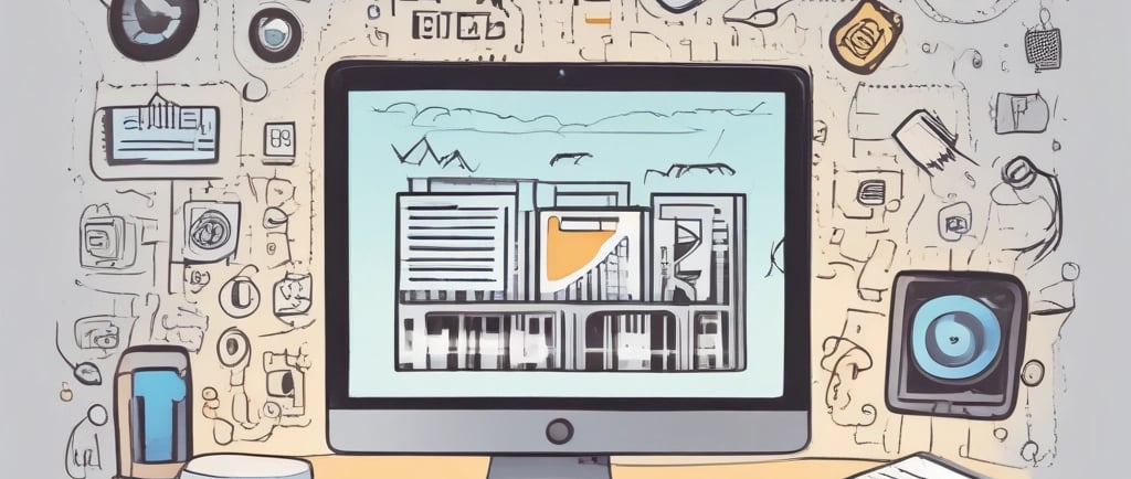 A sleek, modern workspace with a laptop displaying a vibrant web design, surrounded by notes and coffee.