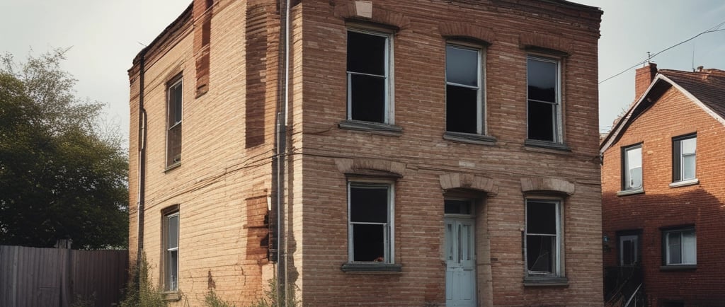 a dilapidated house in a field