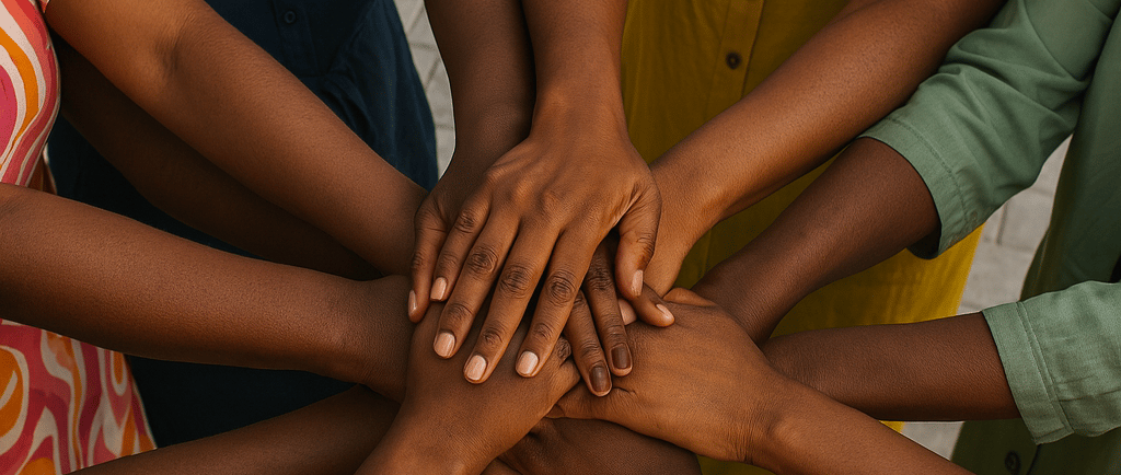 un grupo de mujeres africanas y afrodescendientes tomadas de la mano en un círculo
