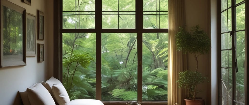 A serene lakeside at dawn with mist gently rising over calm water, framed by soft green trees.