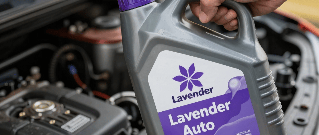 A person holding a bottle of Lavender Auto motor oil over an open car engine bay for maintenance.