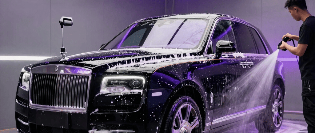 A luxury black Rolls-Royce Cullinan receiving a professional soap foam car wash in a detailing studio.