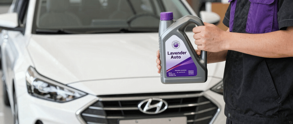 An auto mechanic holding a bottle of motor oil in front of a white Hyundai car for a routine oil change.