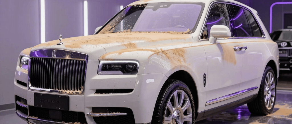 A white Rolls-Royce Cullinan luxury SUV covered in mud inside a modern detailing garage with purple lighting.