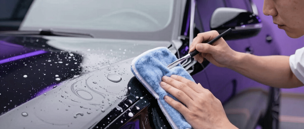 A professional detailer performs car exterior cleaning on a black vehicle using a brush and microfiber cloth.
