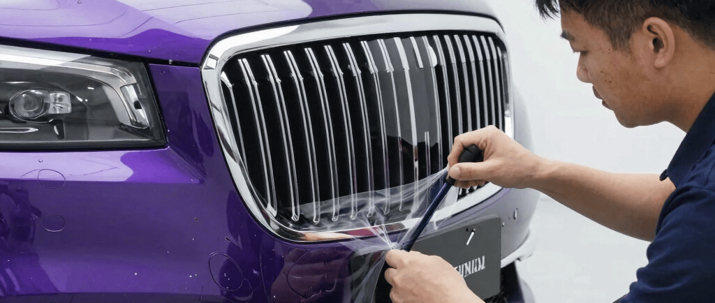 A professional technician applying clear paint protection film to the front bumper of a purple luxury car.