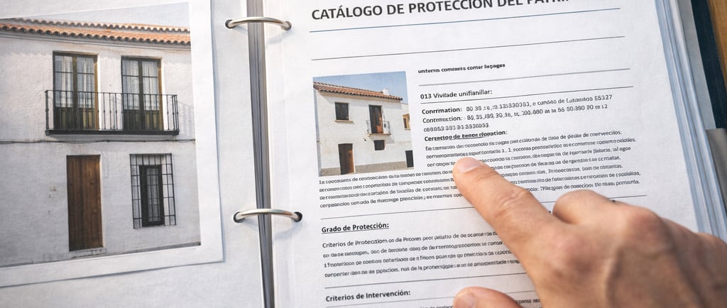 Mesa de consultoría técnica consultando el Catálogo de Protección del Patrimonio para verificar la v