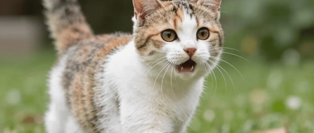 A vocal calico kitten walking through a green grassy garden with its mouth open meowing.