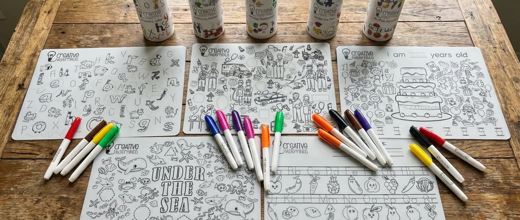 Complete set of five Scribbly Kids reusable drawing mats with markers for mess-free learning