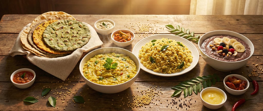 A vibrant flat-lay of colorful millet rotis, steaming kodo khichdi, foxtail upma, and a bowl of ragi