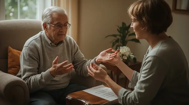 Ältere Person mit Demenz sitzt in einem Raum neben einer Betreuungsperson, spricht mit sanften Handbewegungen