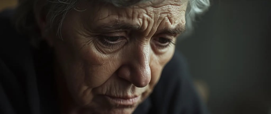 Person erlebt antizipierende Trauer bei Demenz, traurigem Ausdruck und zeigt die emotionale Last der Situation