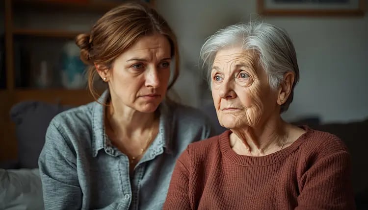 Erwachsene Tochter sitzt neben ihrer an Demenz erkrankten Mutter, die verunsichert wirkt –  Nähe und Missverständnis.