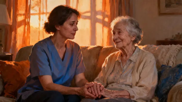 Family caregiver holding hands with a loved one with dementia in a warm home setting.