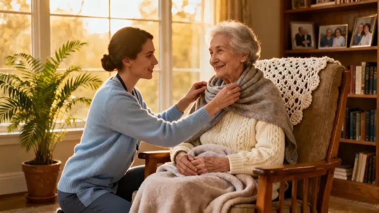 Caregiver gently assisting an adult with dementia, emphasizing dignity, respect, and autonomy in a calm home setting