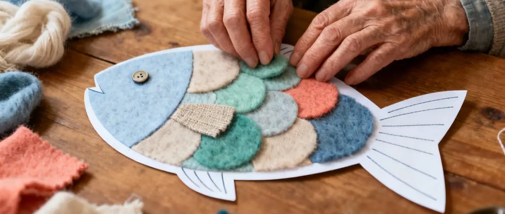 Hände gestalten eine Stoffcollage in Form eines Fisches