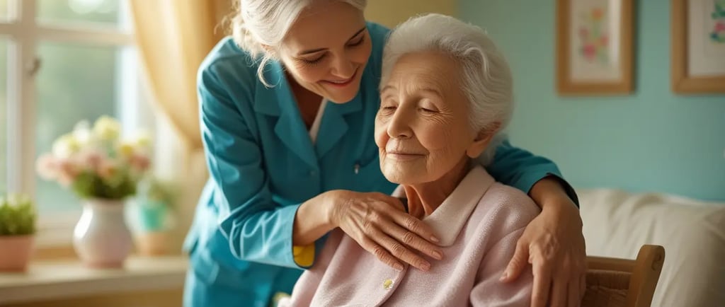 Angehörige begleitet eine ältere Person ruhig durch eine kleine Veränderung im Alltag