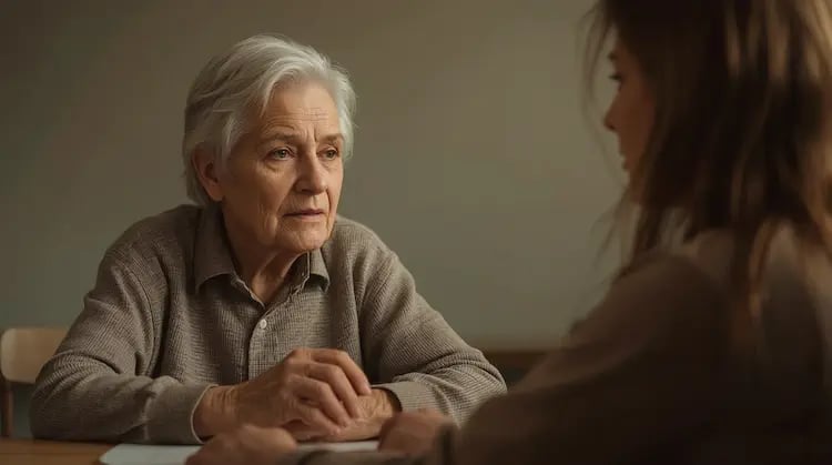 Respektvolle Gesprächssituation zwischen zwei erwachsenen Personen im Alltag mit Demenz