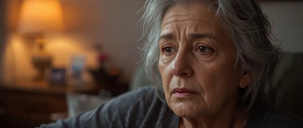 Sundowning bei Demenz: Angehörige begleiten abendliche Unruhe, Frau auf Sofa unruhig