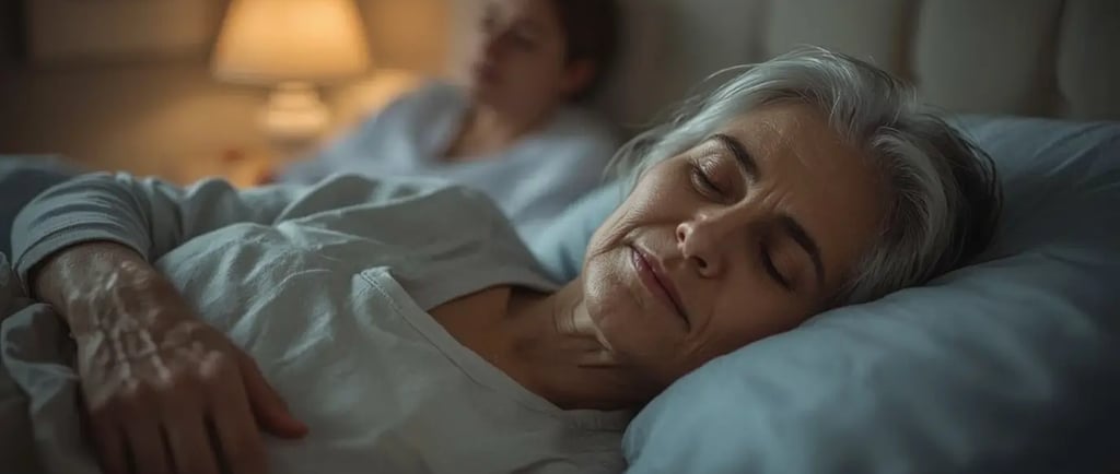 Mensch mit Demenz schläft ruhig im Schlafzimmer, beruhigende Abendstimmung, sanfte Pflegepräsenz im Hintergrund
