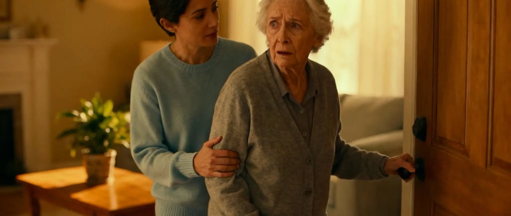 Pflegender Angehöriger begleitet Menschen mit Demenz, die versuchen wegzulaufen, beruhigend und sicher