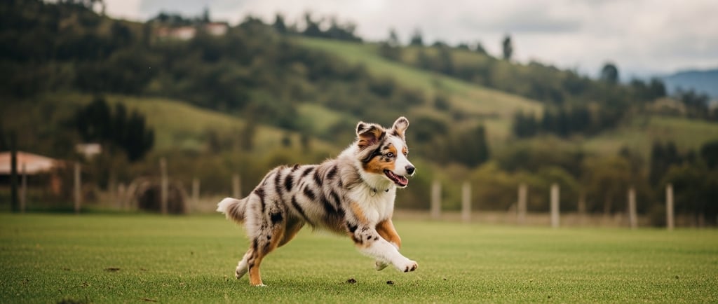 Cachorro Pastor Australiano Ovejero de color azul merlado corriendo en Pet Lovers Criadero