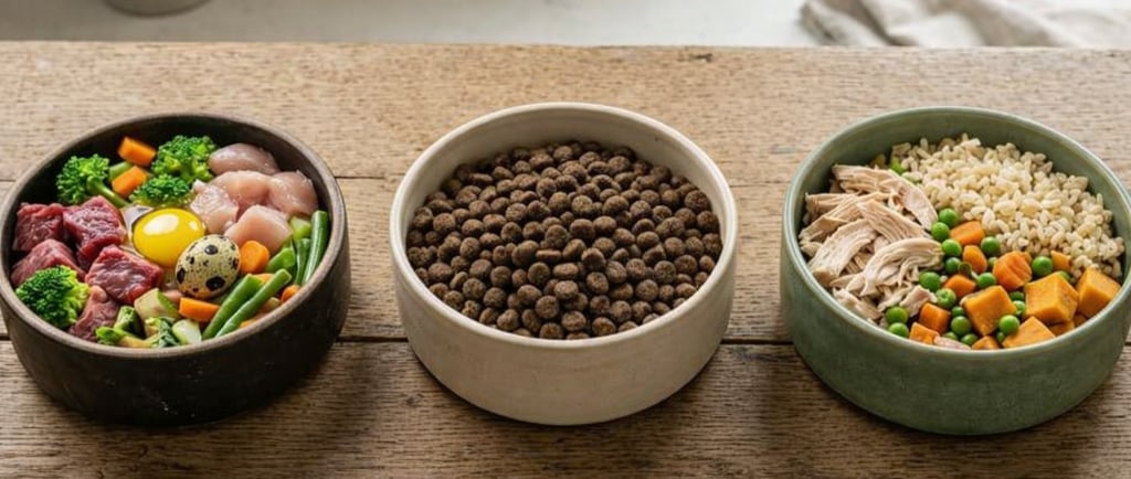 ¿BARF, concentrado o comida casera? Comparación honesta de las tres opciones para alimentar a tu cachorro.