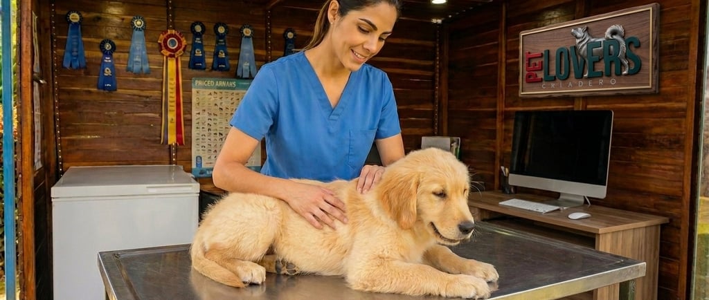 Veterinaria examinando Cachorro Golde Retriever en Pet Lovers Criadero