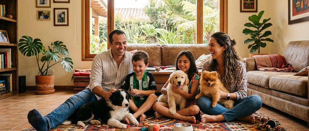 Familia colombiana compartiendo con sus cachorros de las razas Golden, Pomerania y Border Collie